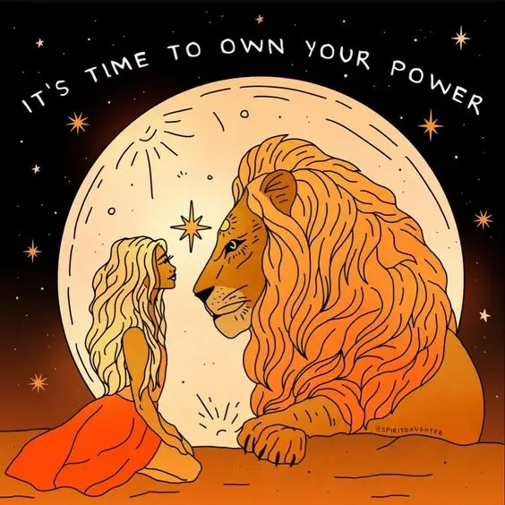 une femme et un lion se regardent en face à face